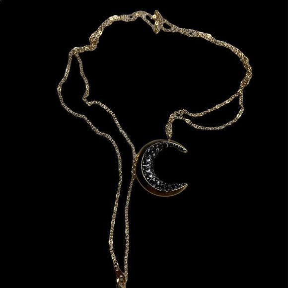 Goldtone Crescent Moon Pendant Necklace Black Crystal Accent 30” Chain - Picture 1 of 6